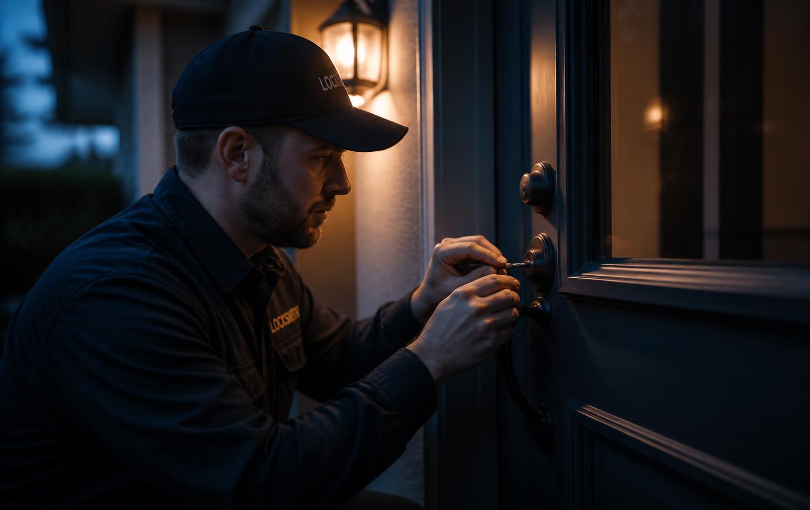 Locksmith carefully working on a residential front door lock in the evening